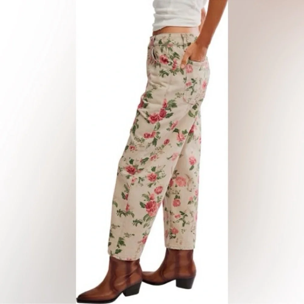 Rare We the Free People Deep Trance Floral Wallpaper Barrel Wide Leg Jeans - Picture 4 of 6